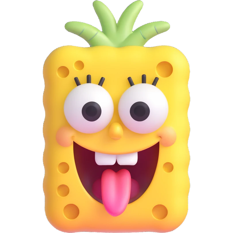 Spongebob Squarepants with rounded features, sticking tongue out, 3D emoji style emoji