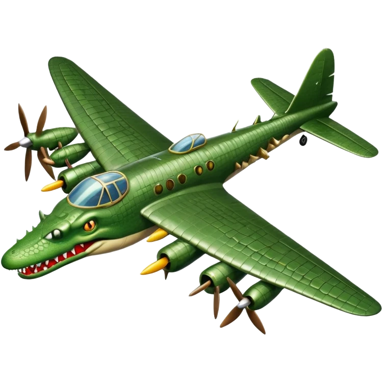 WWII bomber plane with a crocodile's head as the nose mouth wide open sharp teeth metallic textures wings and propellers emoji style satirical surreal emoji