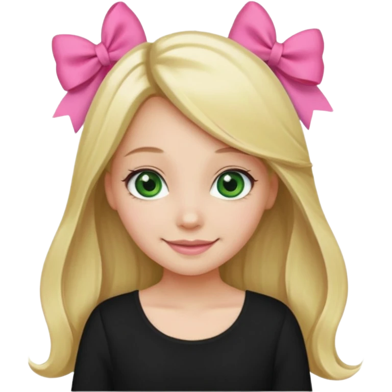 blonde girl middle part long hair , pink bow in hair, plain black top, green eyes. emoji