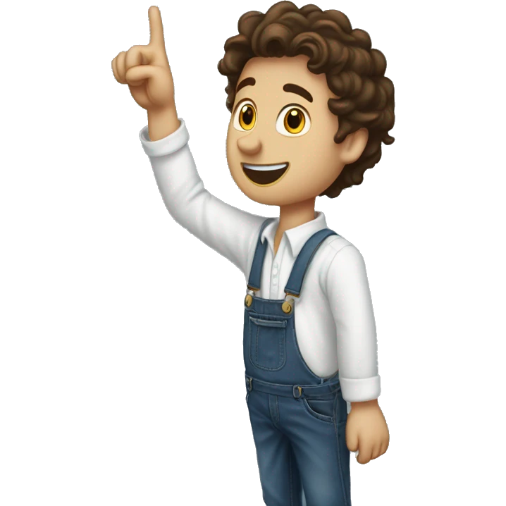 white boy pointing to the sky, dark brown wavy hair, wearing blue jeans overalls and white shirt, half body, from behind emoji