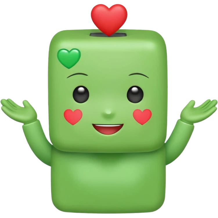 A cute green block-headed mascot with a happy face and blush, wearing “FGH” on its chest. It holds a shiny red heart in one hand. Chibi style, soft glow outline, cheerful and friendly. emoji