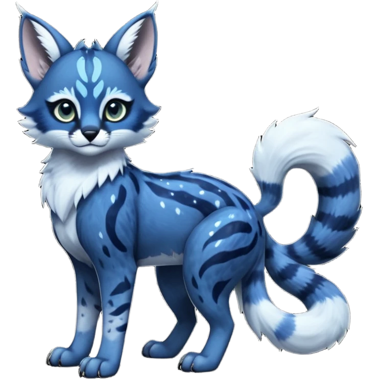 Cute kawaii cool edgy badass  glossy midnight-blue fur with silver starlight dusting fantasy-caracal-civet-genet-sergal-vernid-Gryphon-Cacomistle-Trico-oncilla-animal-Fakémon-hybrid-fursona (full body), facial markings, (realism style) emoji