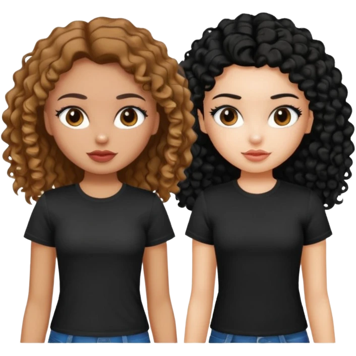 2 pretty bratz fair girls. One has straight brown hair and is tan, wearing a white tshirt. One is fair with curly black hair, wearing a black tshirt  emoji