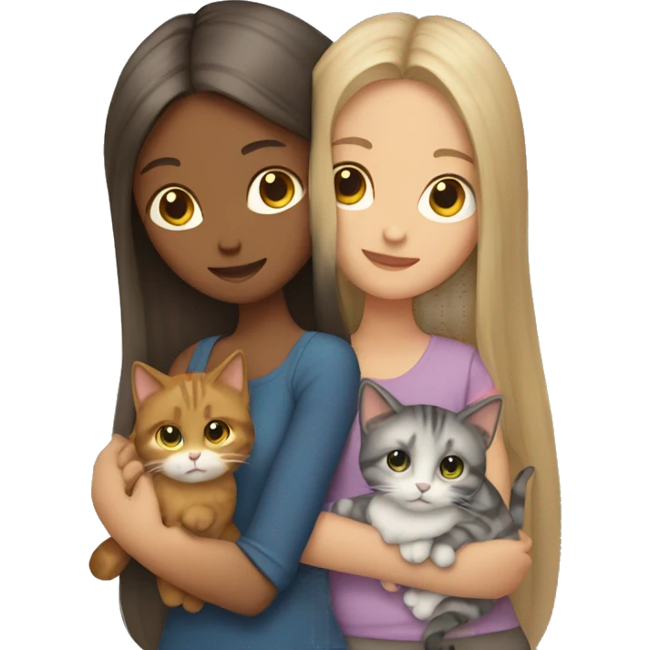 Two long hair girls and two cats in hands emoji