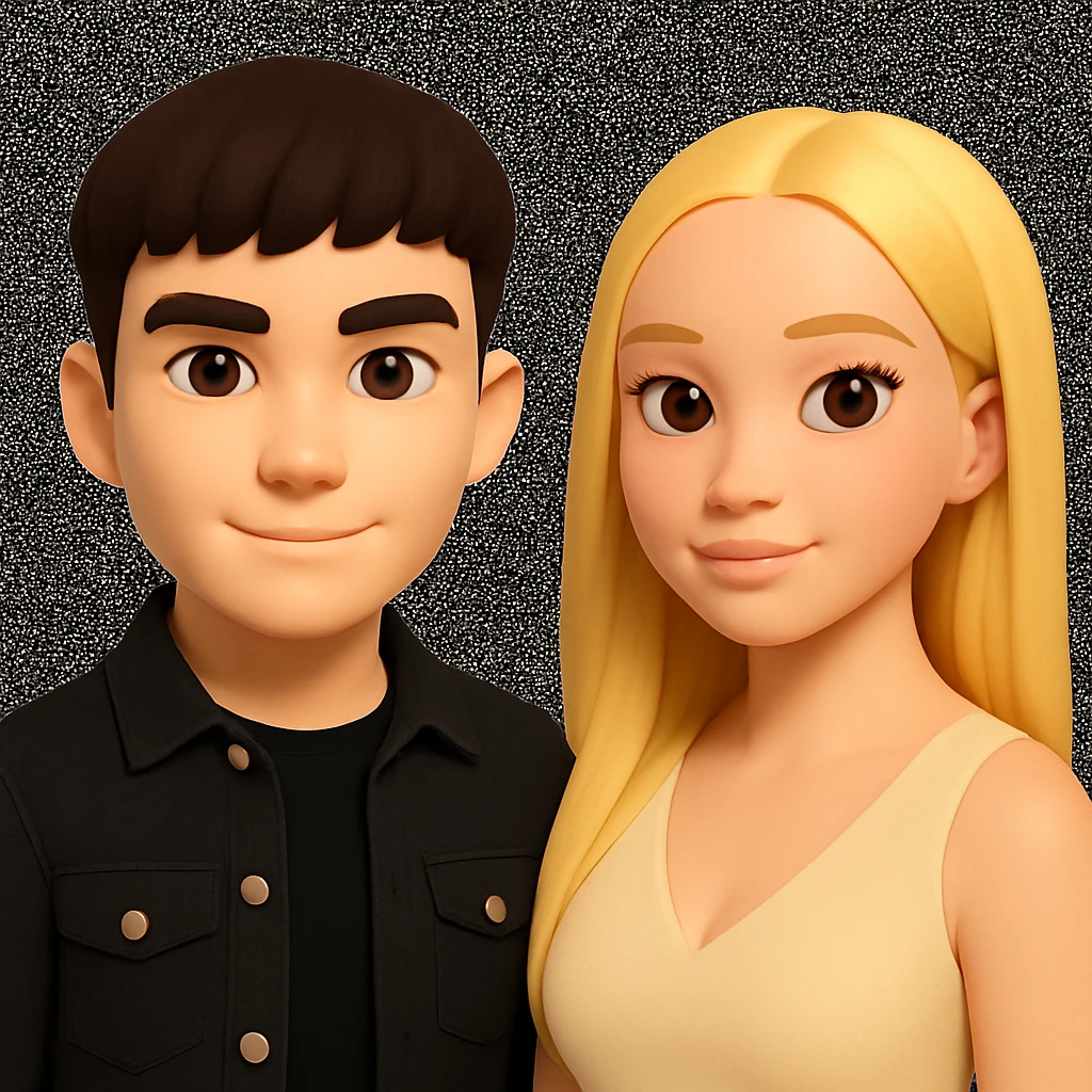 Slightly increase the volume of the upper body of the girl, separate the girl and the boy from each other, make the skin color the same for both characters, while preserving the cartoonish 3D style. emoji