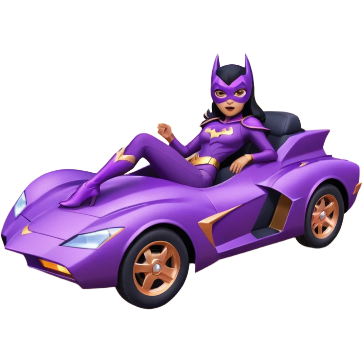 Hot full size real-appearance racing action BatGirl’s Lego feminine midnight-purple tight outfit sixty’s tv show 1992 stealth retro cat burglar sporty petite off-road pursuit hovering hover cruiser car rose gold accents (black hair,reclined and relaxed seating position and attitude) desert emoji