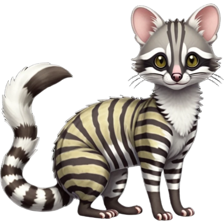 Feral Rare Fantasy shaded detailed colorful Genet-Trico-Civet-Cacomistle-Margay-Opposum-species by LiLaiRa,, with white stripes with dark-blackish points, white belly, random markings, tufted tail, tufted ears, full body emoji