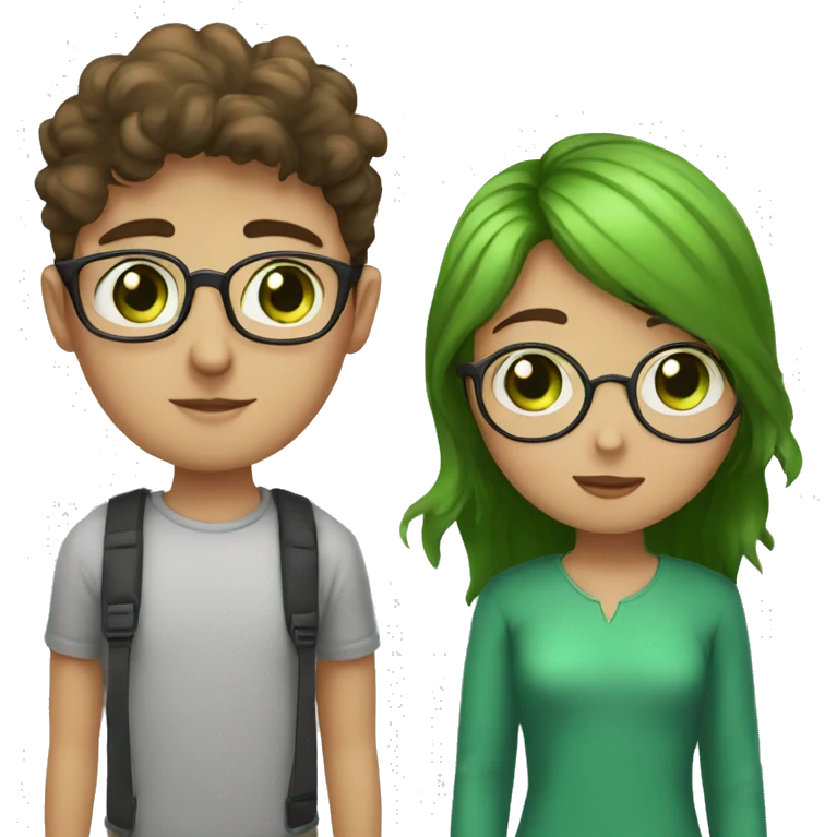 A heavy set boy with brown hair blue eyes and a mustache is kissing a green haired girl who is thin with green eyes and wearing glasses emoji