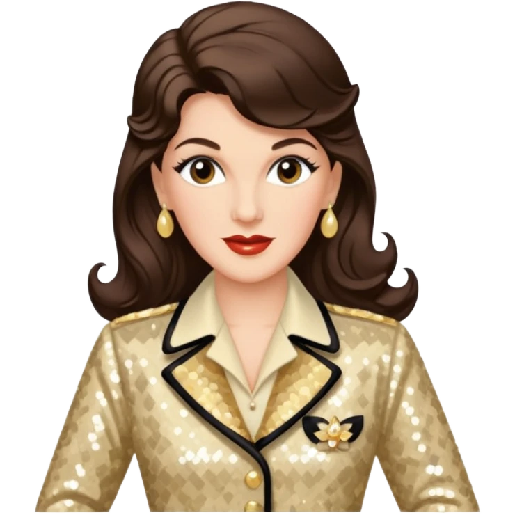 Maxene Andrews from The Andrews Sisters with long dark brown hair, cream sequin outfit emoji