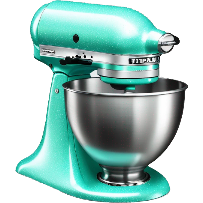 Realistic silver and pastel tiffany blue kitchenaid mixer decorated with white shiny sparkly diamonds. emoji