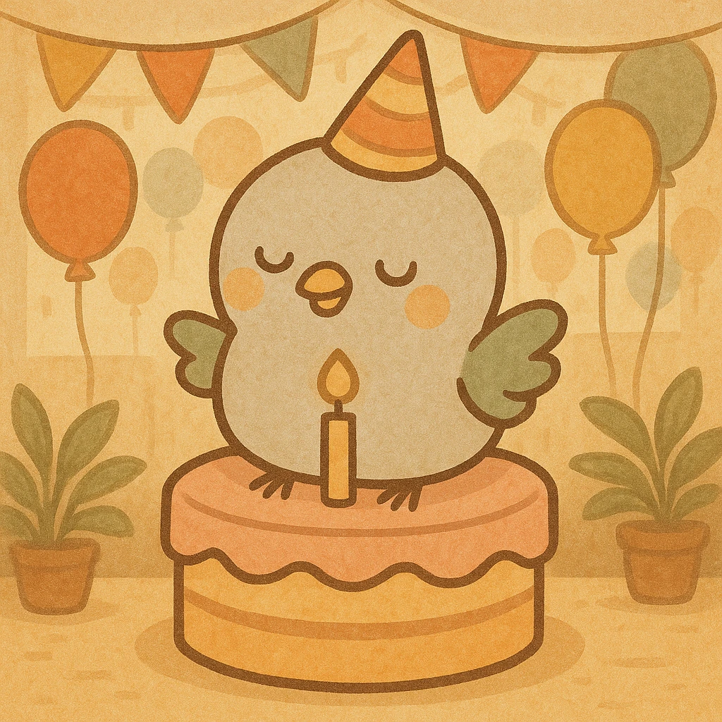 Change the background to a party venue with pastel-tone party decorations and balloons. Keep the baby pigeon happily on top of the cake as is. The illustration style should be soft and gentle. emoji