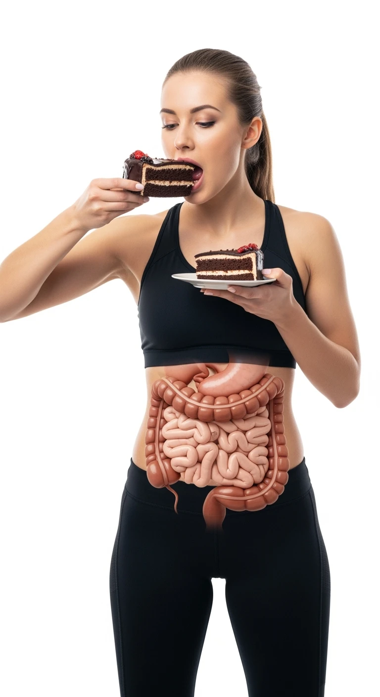donna fitness con pancetta che mangia due fette di torta affamata, intestino umano anatomico, isolata su sfondo bianco emoji