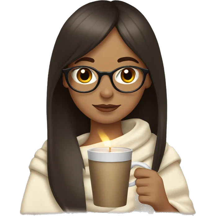 Brunette with straight hair and bangs wearing clear classes and drinking coffee with a book and candle nearby while wrapped in an ivory blanket  emoji