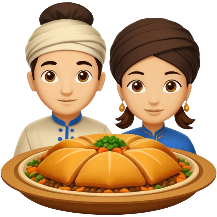 Uzbek cuisine humanless avatar in bright illustration. Classic dishes like plov and samsa, warm golden and earthy tones, simple shapes, flat design, high contrast, friendly and appetizing. emoji
