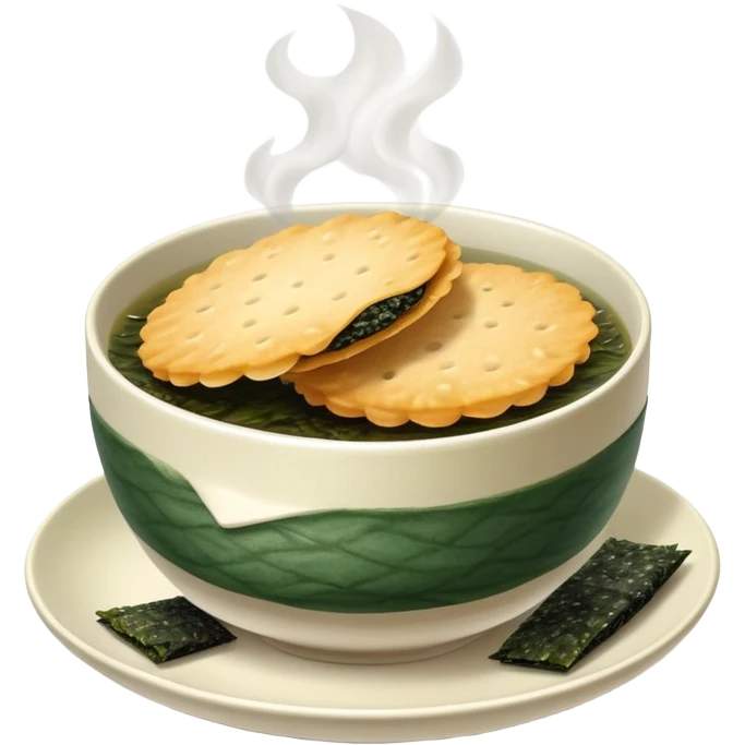 Japanese senbei rice cracker wrapped with sheet of nori seaweed, traditional snack served with green tea emoji