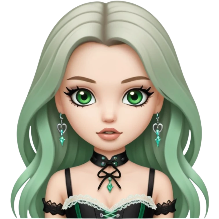 pretty bratz girl, long straight light ashy brown hair, jade green eyes, black eyeliner, pale skin, black corset clothes with laces emoji