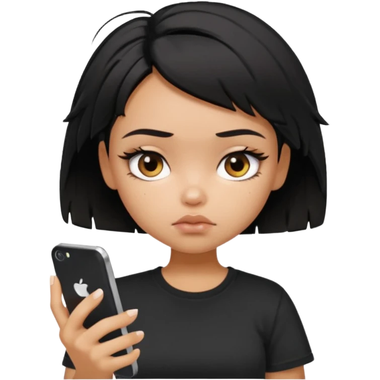 generate a pretty bratz girl with short black very messy hair, looking tired and using her phone, wearing an oversized black tshirt emoji