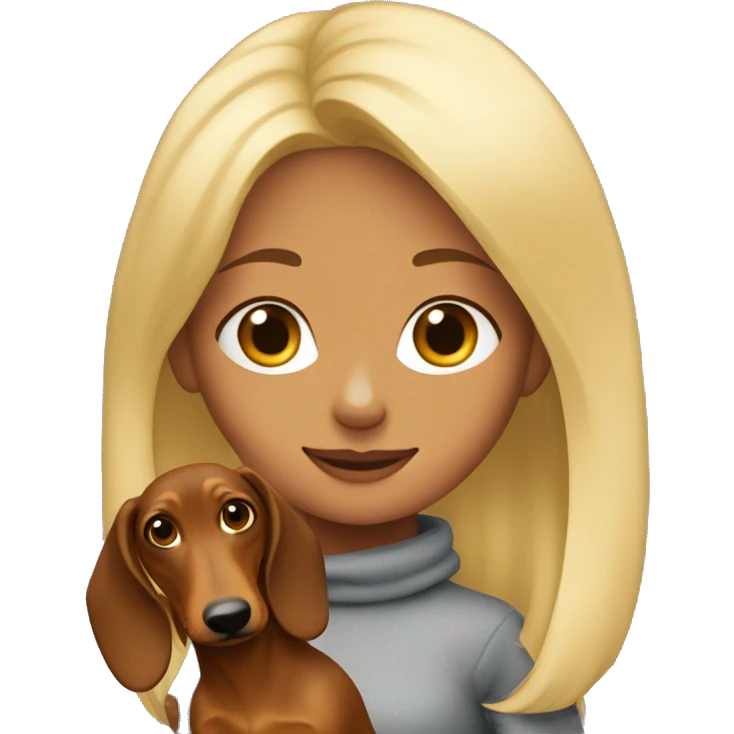 A girl with blonde hair with a brown dachshund in her arms emoji