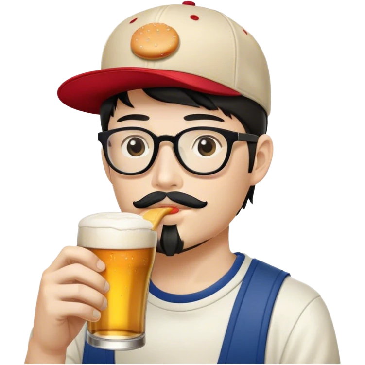 half japanese white hipster wearing a flat bill baseball cap sipping on a pint of beer holding a hamburger in the other hand emoji