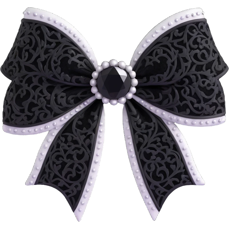 3D emoji gothic bow, white velvet, silver filigree, black gemstone, black lace trim emoji