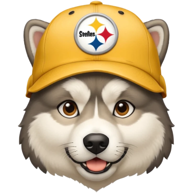 Face of young Malamute with cream face wearing Pittsburgh Steelers hat emoji