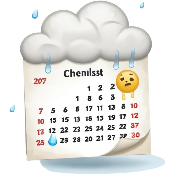 Minimalist emoji of a tilted, crumpled calendar page with faint, incomplete checklist marks, a small rain cloud dripping above it, and a dim, muted colour palette to symbolise a productivity slump and lost discipline. Flat vector style, soft shadows, transparent background emoji
