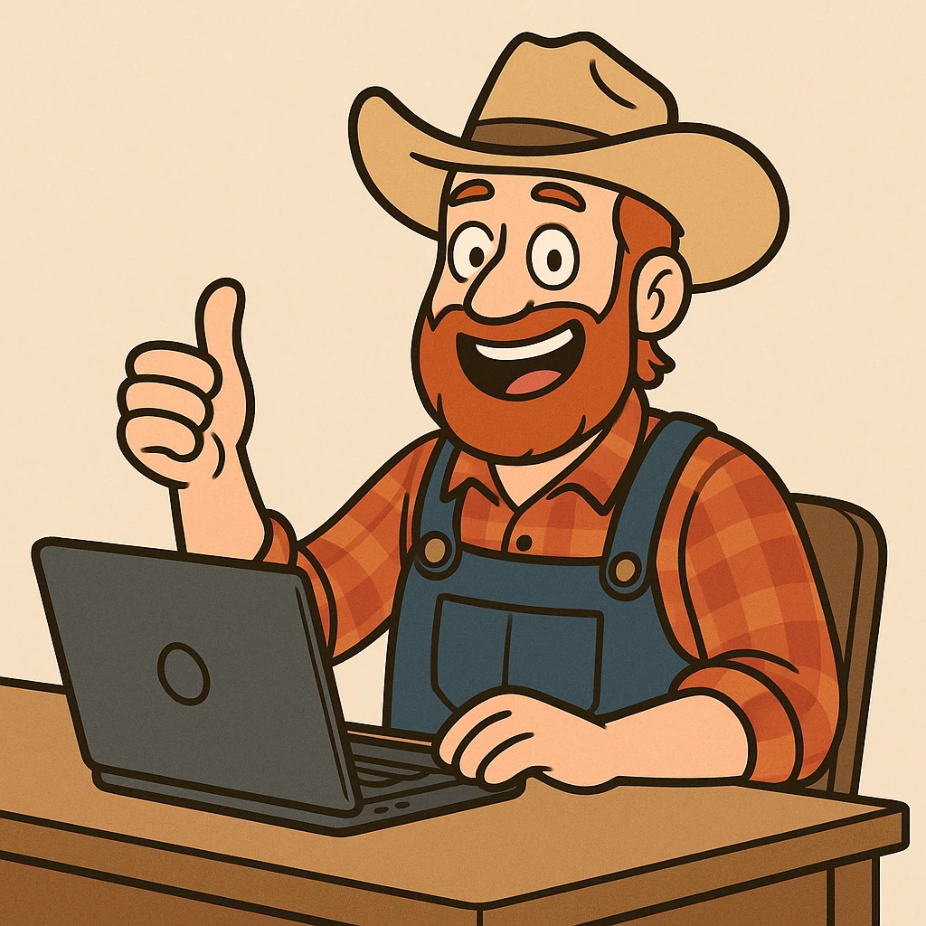 a cheerful farmer at a desk with a laptop, giving a thumbs up, cartoon style emoji