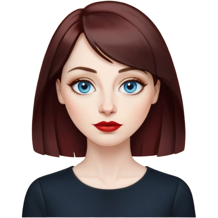Artistic woman in her 40s with pale skin, oval face, large expressive blue eyes with eyeliner, thin arched eyebrows, small nose, full lips with red lipstick, dark auburn hair that's straight with slight waves at ends, straight bangs, wearing a black top, warm creative expression emoji