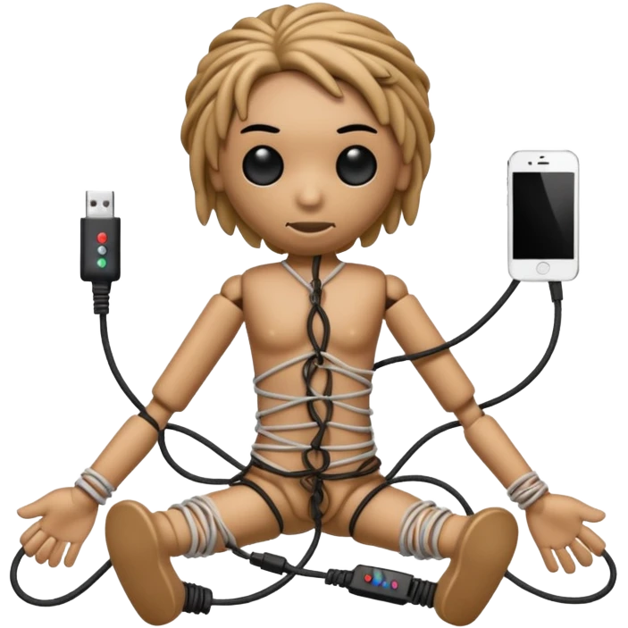 woodoo doll tightly bound with tangled AUX cables. emoji