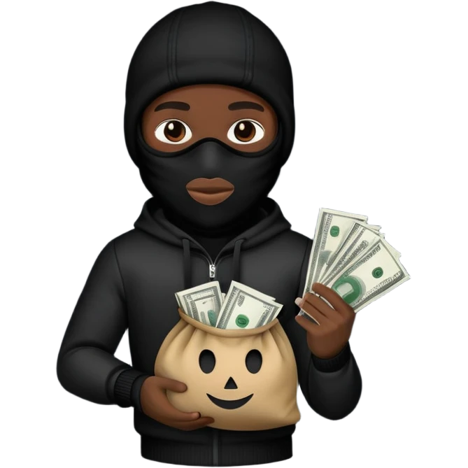 Ski mask holding money bag with black face like skin color black emoji