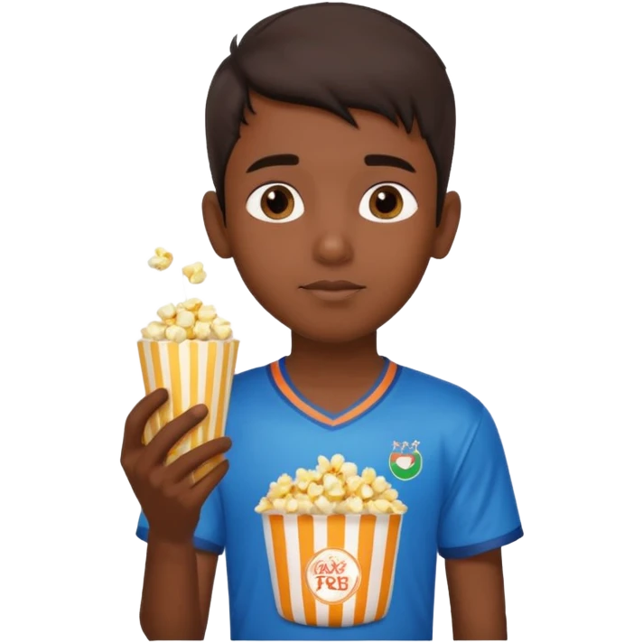 an indian boy wearing indian cricket jersey and eating popcorn emoji