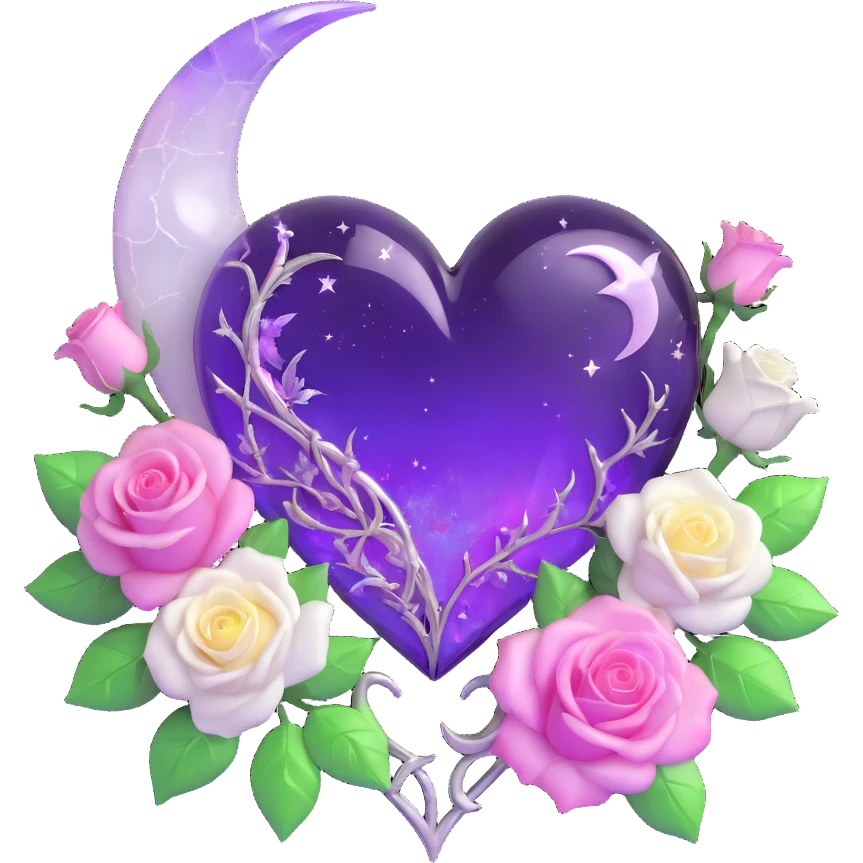 gothic heart made of translucent violet glass, silver crescent moon, white roses, holographic stardust, neon pink lightning, wet and cracked glass emoji