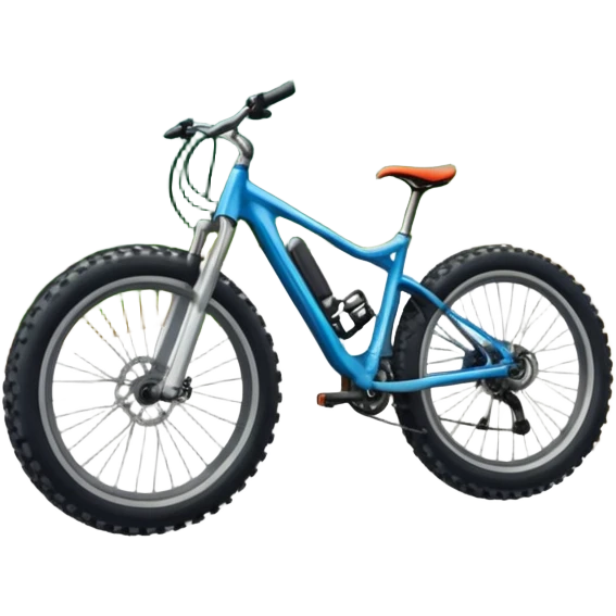 An icon featuring a forest trail or rocky mountain road. The background shows dense trees, steep slopes, and distant peaks under a clear blue sky with mountain bike with wide tires, positioned on  Transparent background highlights the thrill and rugged beauty of mountain biking. emoji
