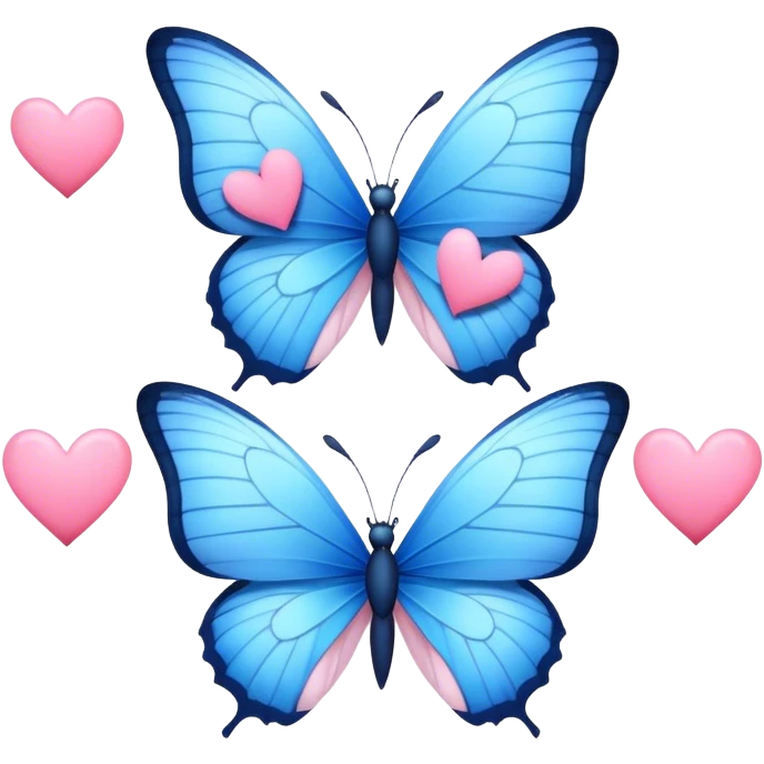 two blue butterflies and two little pink hearts emoji