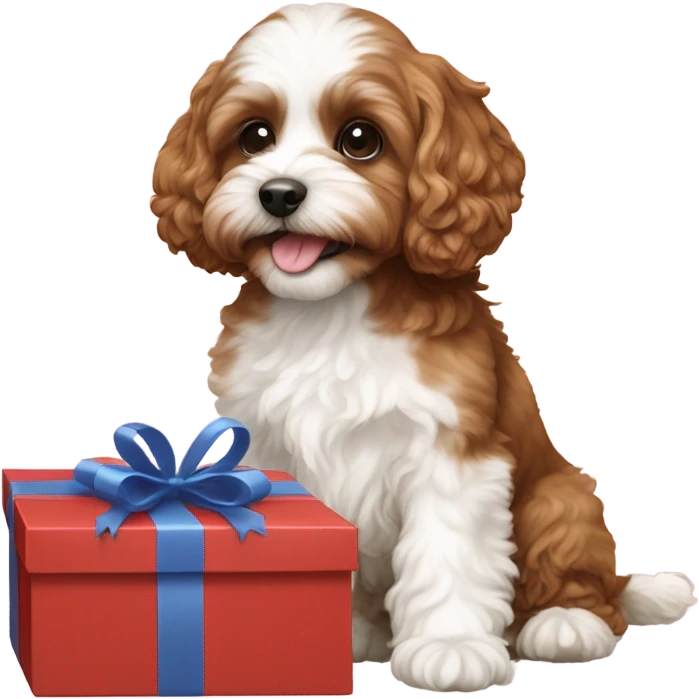 Brown and white cavapoo and gift box emoji