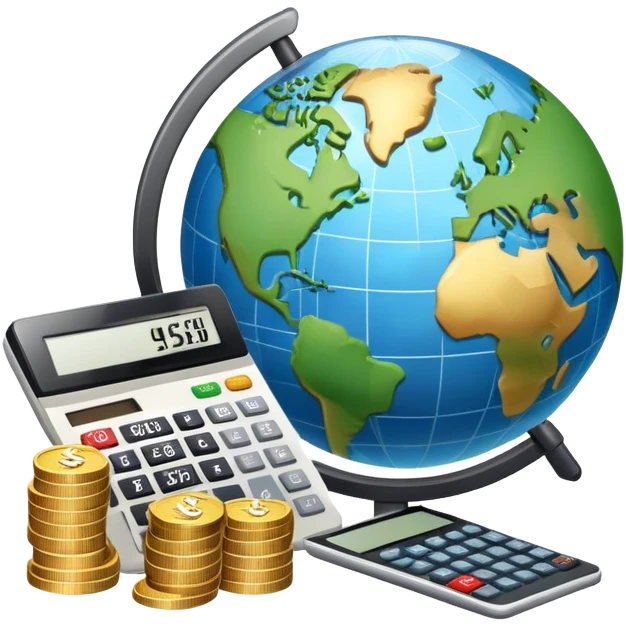 An icon featuring a calculator, a dollar sign, and a chart with upward trends, symbolizing economics. The design includes coins, bills, and a globe, representing global trade and financial systems. Transparent background highlights the study of markets, supply, and demand. emoji