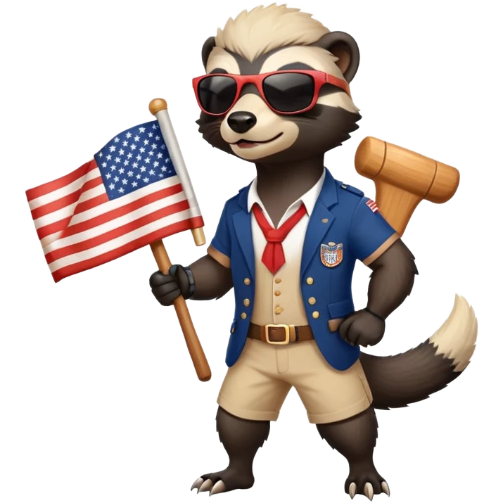 friendly anthropomorphised honey badger in USA Independence Day outfit, wearing sunglasses, carrying a club, dynamic pose emoji