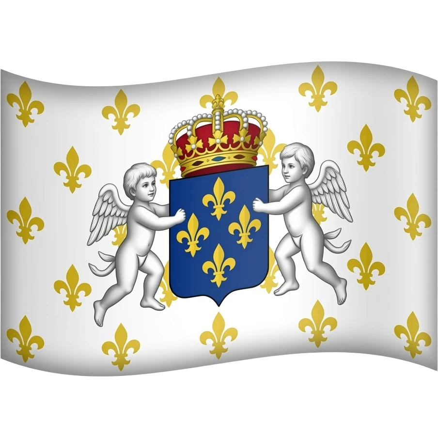 drapeau du royaume de france, blanc parsemé de fleur de lys d'or, au centre, l'écusson bleu des bourbons avec trois fleur de lys d'or, et deux chérubins qui le tiennent emoji