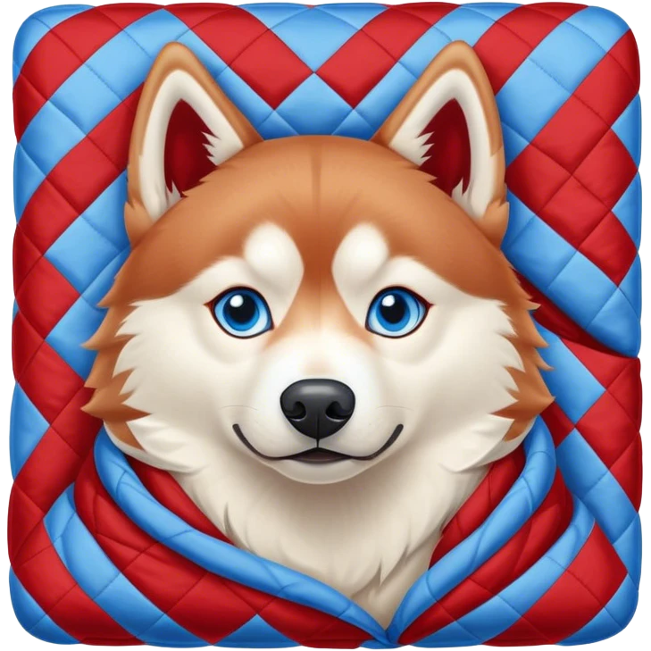 Red Siberian husky with blue eyes cozy in a quilt emoji