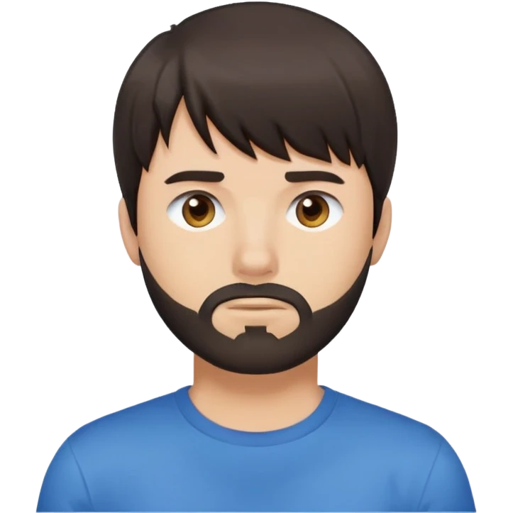 Man with dark brown straight hair and bangs, short beard covering whole face, neutral expression, basic blue t-shirt emoji