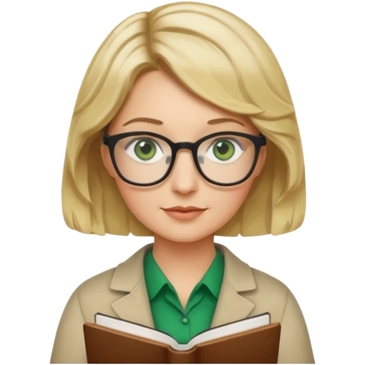 librarian teacher with short wavy blonde hair with a middle part and green eyes emoji
