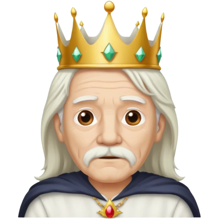 old man with long white hair and no moustache wearing a white shirt and a crown emoji