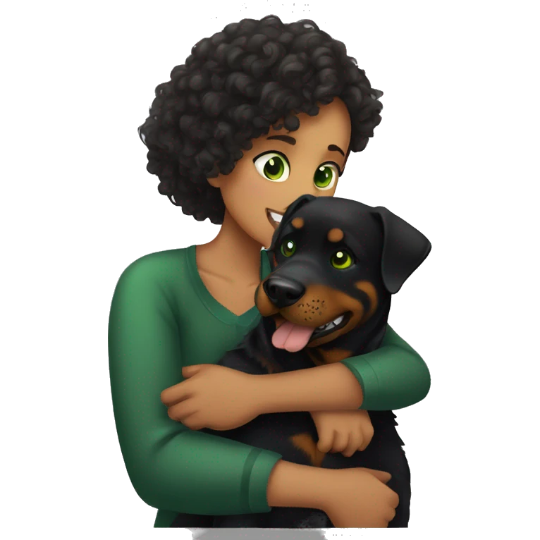 Rottweiler and a girl with curly hair and green eyes hugging emoji