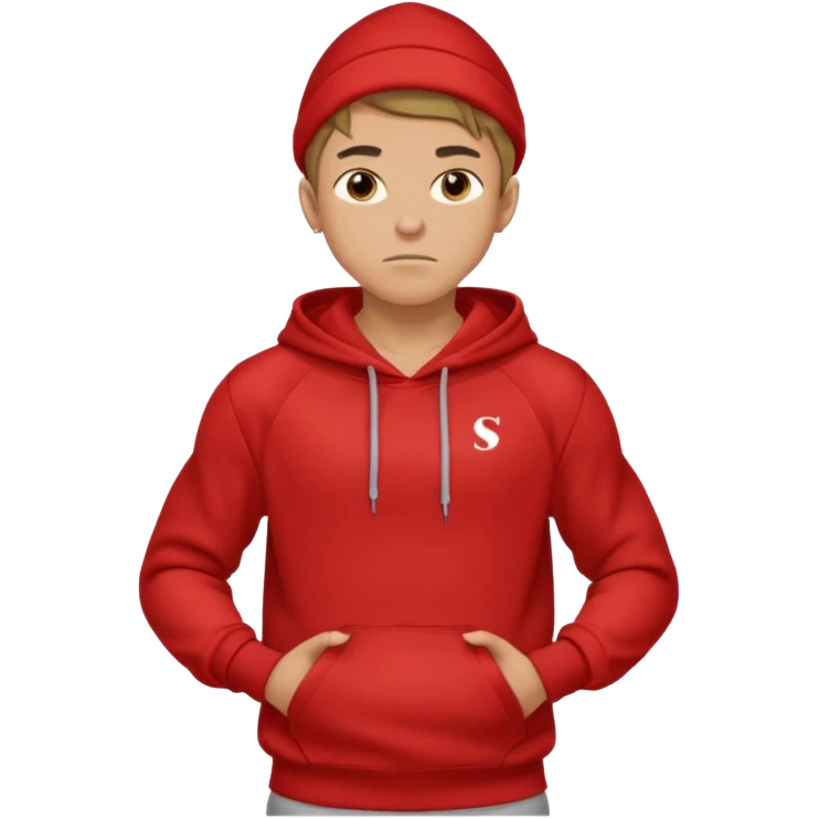 make me an emoji of an americain 19 yearold boy in a red hoodie that says "south" on it and give him with tan skin with his hands in his hands in his pocket not grining flexing his muscles emoji