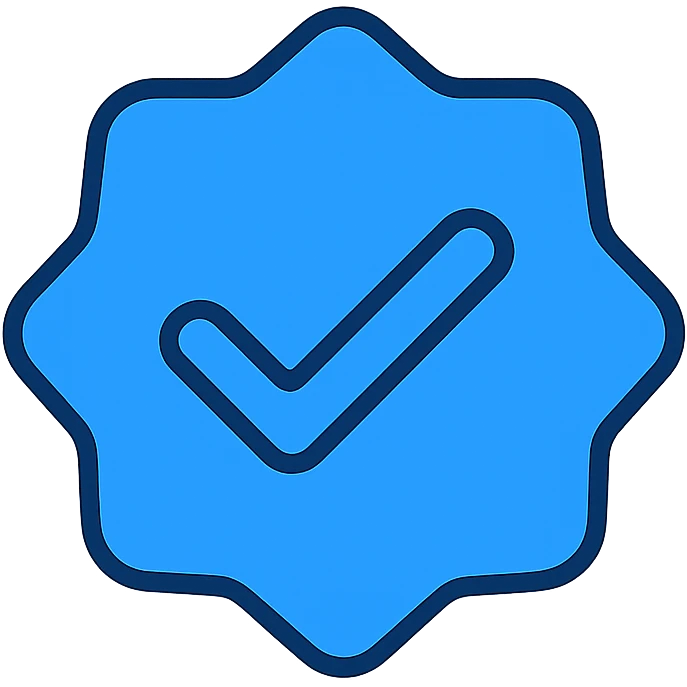 verified icon for social media, blue checkmark with a badge shape, clean, professional emoji