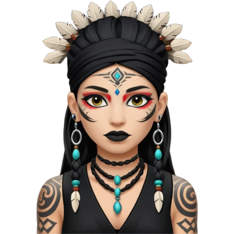 white shaman woman black clothes black accesories face tattoos emoji