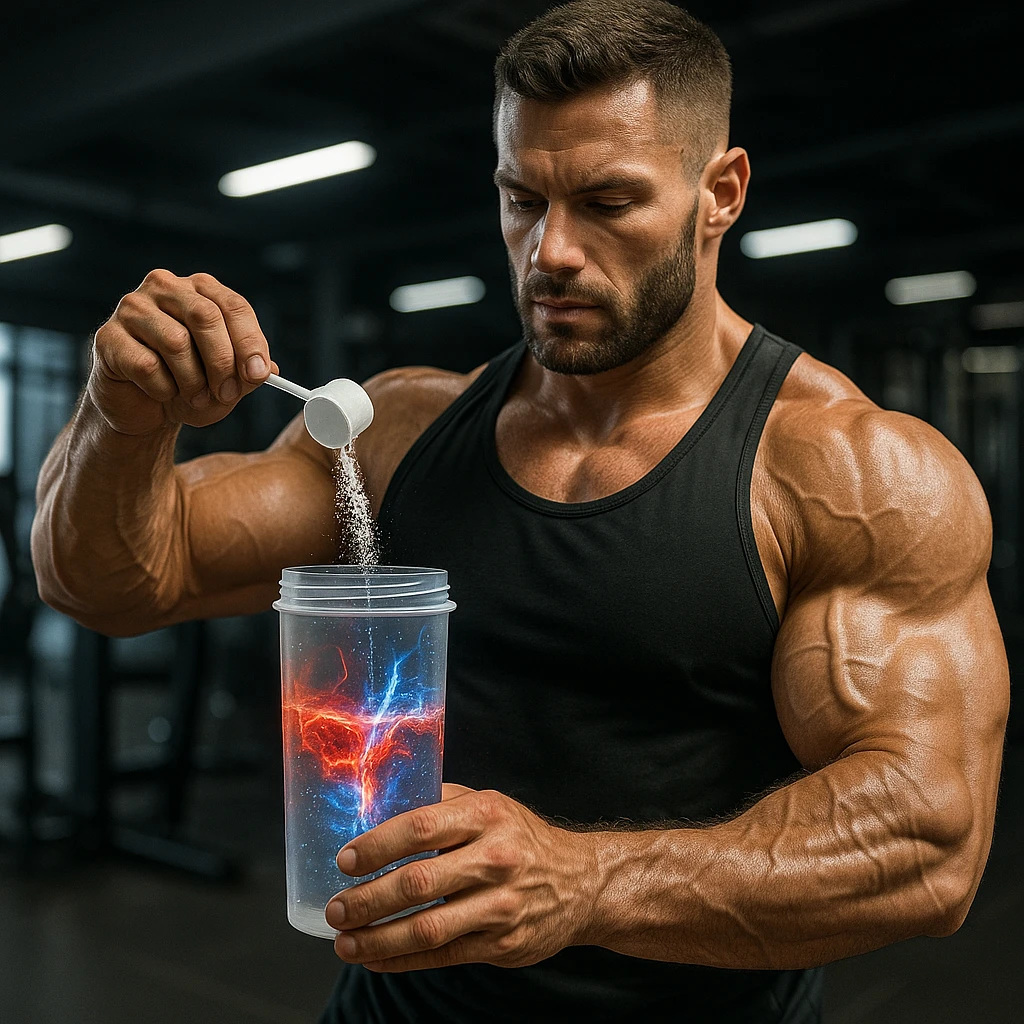realistic and creative bodybuilder pouring Citrulline and Nitrates powder into a transparent shaker, visual effect of red and blue energy spreading in the liquid, muscles highlighted, modern gym atmosphere, detailed emoji