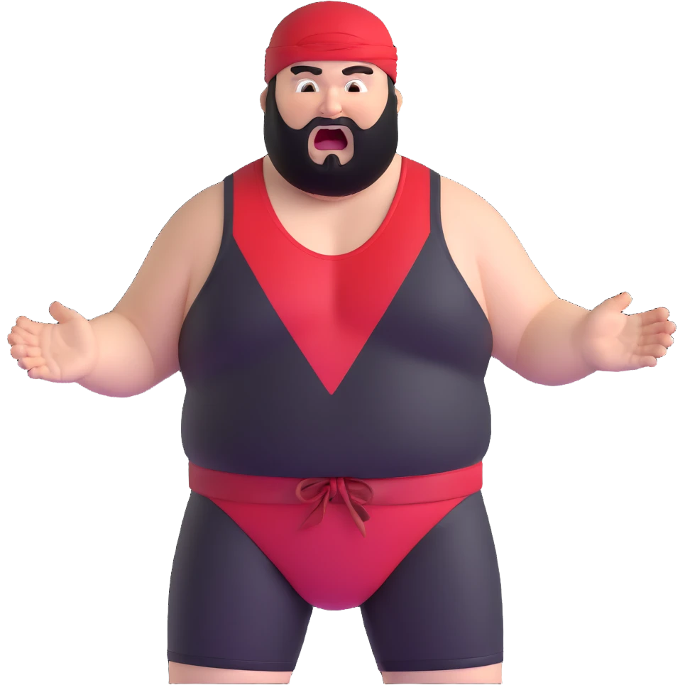 Extreme close-up of face of morbidly obese white skin guy with young face, prominent BLACK DURAG tied clearly on head, black beard but no mustache, clean shaven upper lip, black eyes in a red and black wrestling singlet with mouth wide open screaming angrily emoji