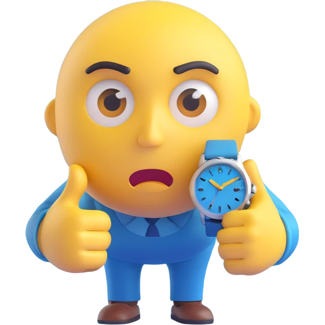 A yellow emoji face with a worried expression, looking at a wristwatch with raised eyebrows, showing urgency and stress emoji