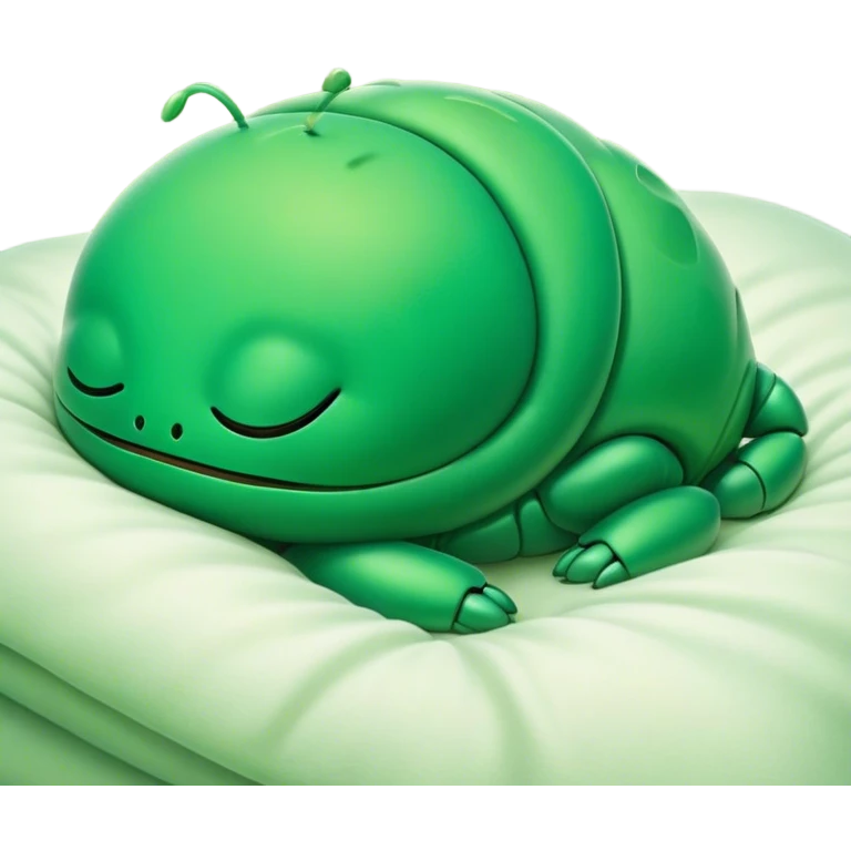 Meme-Worthy Cute Sleeping Green Bugdie Portrait Emoji, Head resting peacefully with a contented smile, showcasing a tiny, endearing build and a luxuriously smooth emerald exoskeleton, eyes shut in a serene nap, Simplified yet hilariously adorable features, highly detailed, glowing with a soft, drowsy light, high shine, relaxed and utterly lovable, stylized with an air of playful laziness, bright and heartwarming, soft glowing outline, capturing the essence of a comically sleepy insect, so meme-worthy it feels like it could instantly become the next viral sensation of adorable slumber! emoji